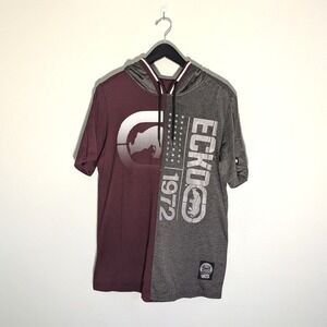 Ecko Unltd. Men's Small Short Sleeve Hoodie Burgundy Charcoal Split Graphic NWT